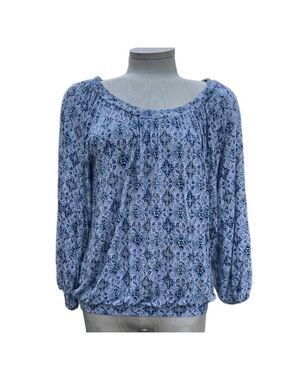 Dalia Long Sleeve Blouse White and Blue Size Medium